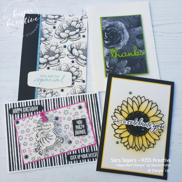 Simple Black and white cards with a pop of colour, using Tasteful textures, Zany Zebra's & Celebrate sunflowers