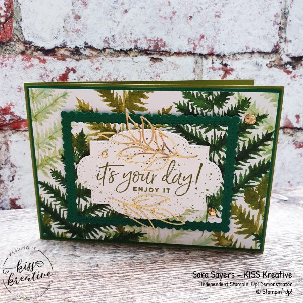 Happiest of birthday cards using the Forever Greenery DSP from Stampin Up