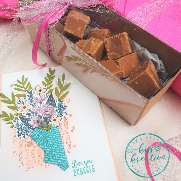 Three ways to create cards with the Wrapped Bouquet Stamp and Die bundle by Stampin Up - card with a box of hand made fudge 